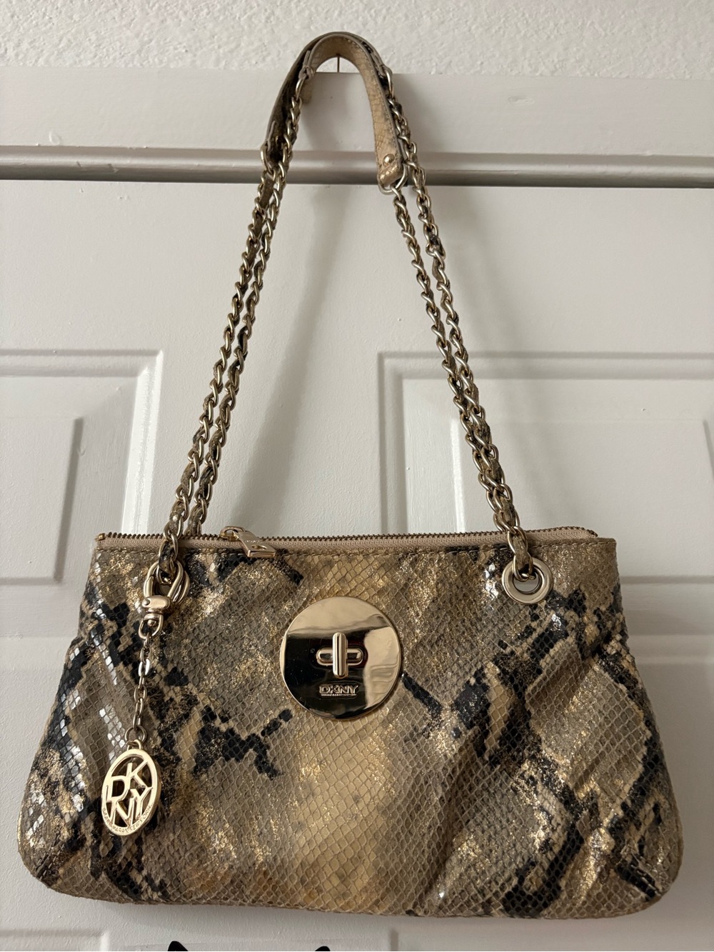 DKNY Gold Snakeskin-Pattern Shoulder Bag with Chain Straps